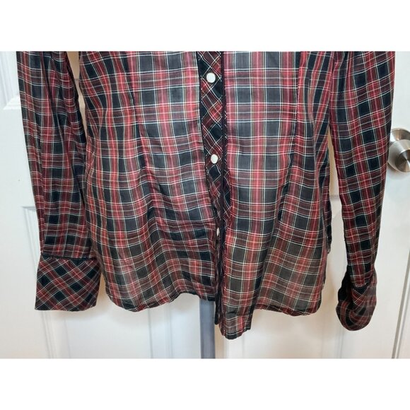 Nili Lotan Red Tartan Plaid Collared Long Sleeve Shirt, Size Small - Picture 3 of 9